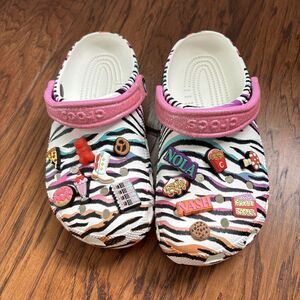 Crocs Classic Kids Animal Print Clogs Glitter Sandals Multi white US size J5